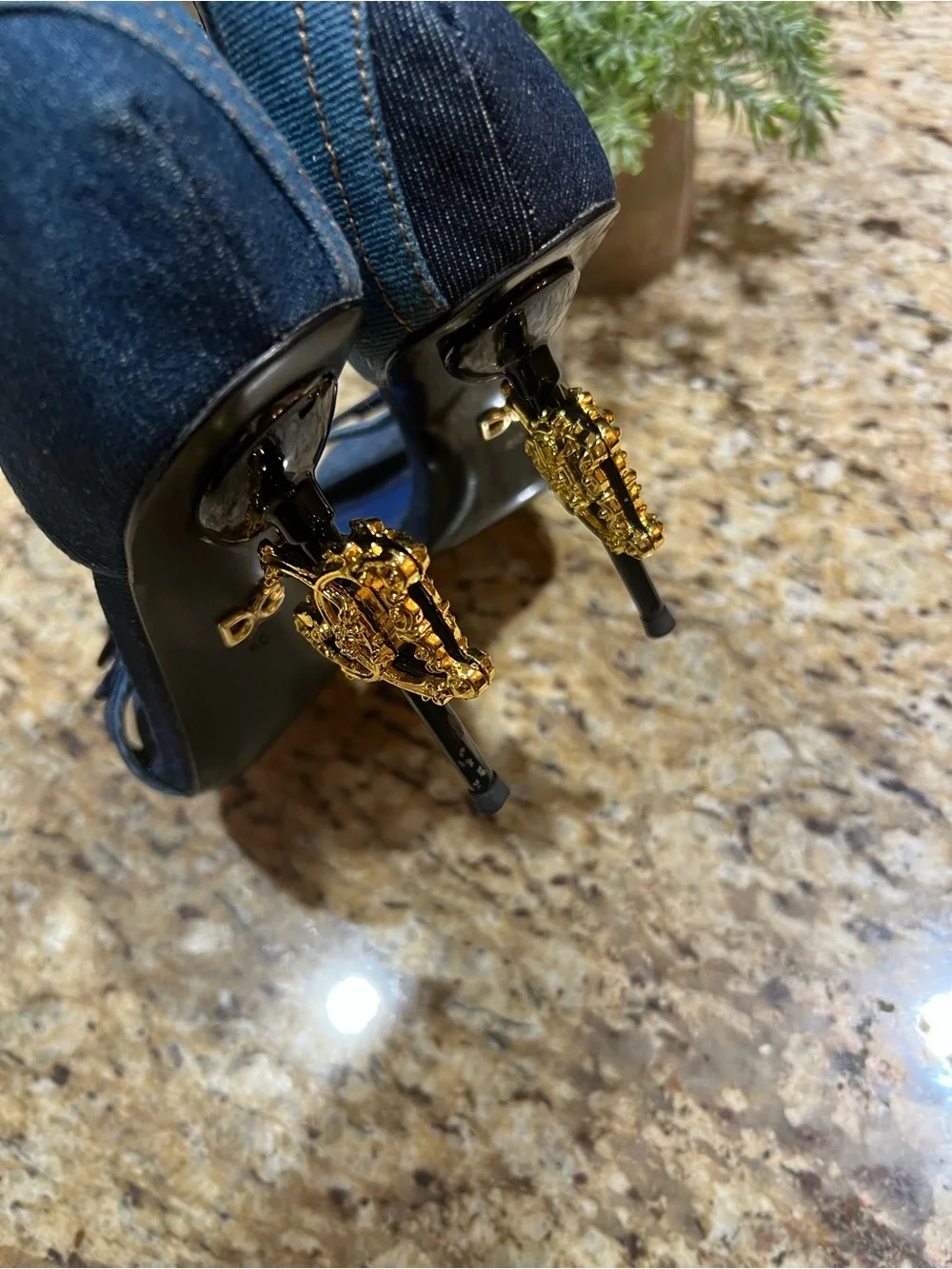 Dolce& Gabbana Patchwork Denim Sandals w/ Baroque DG Heels 40